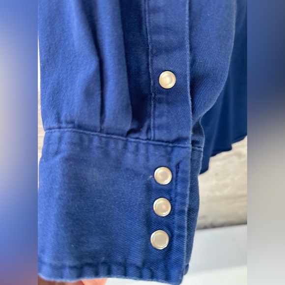 VTG Wrangler Western Pearl-Snap Button Down Dark Indigo Blue Denim Shirt, Navy - Picture 4 of 5